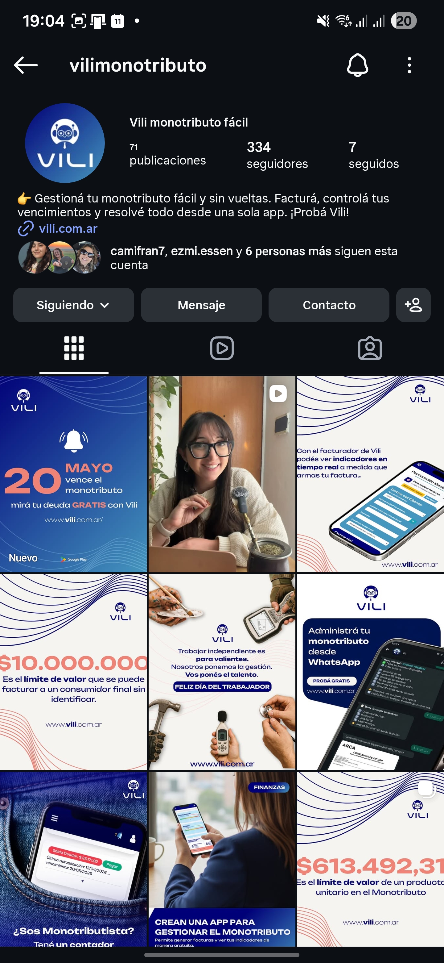 Vili — Invoicing Instagram profile